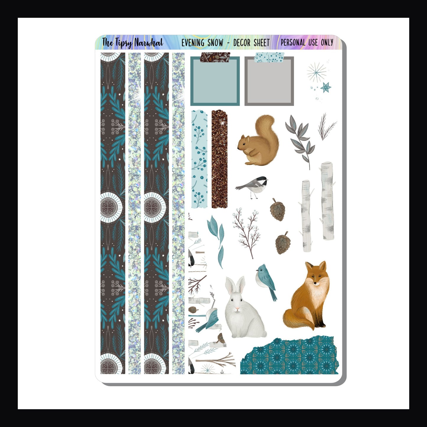 Evening Snow Decor Sheet. Sticker sheet featuring various woodland animals, trees and snowflakes.  Also includes washi strips, sticky note and torn corner stickers. Blue, grey and brown color palette.