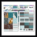 Evening Snow Vertical Weekly Kit.  5 page sticker kit sized to fit most verbal layout style planners.  Kit features a winter theme with various woodland animals in hues of blue, grey and brown.