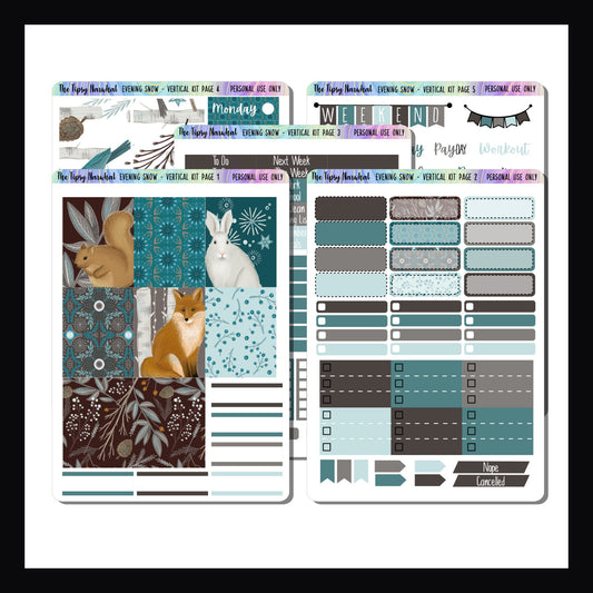 Evening Snow Vertical Weekly Kit.  5 page sticker kit sized to fit most verbal layout style planners.  Kit features a winter theme with various woodland animals in hues of blue, grey and brown.