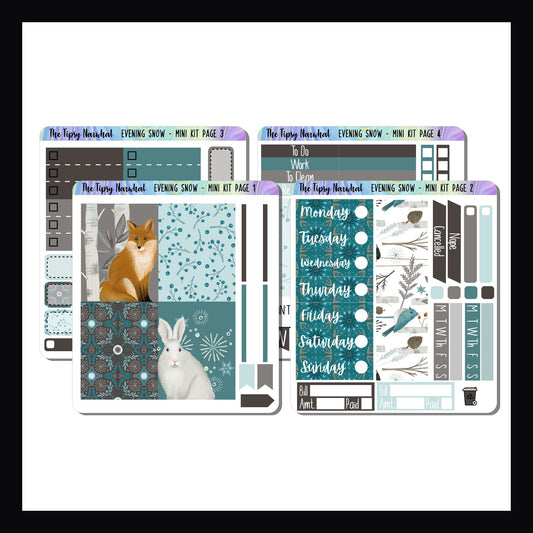 Evening Snow Mini Vertical Kit.  4 page winter themed sticker kit featuring woodland animals.  Kit color palette is blue, grey, brown with pops of orange. 