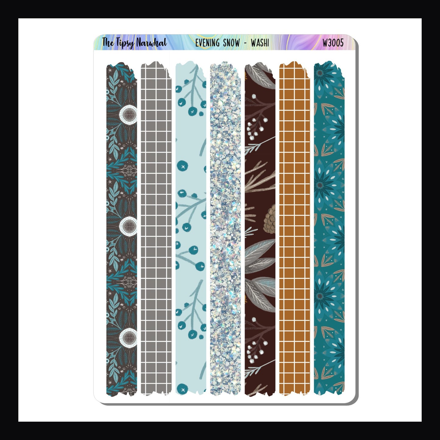 Evening Snow Washi Sheet.  Features 7 strips of washi that coordinate with the Evening Snow sticker kits.