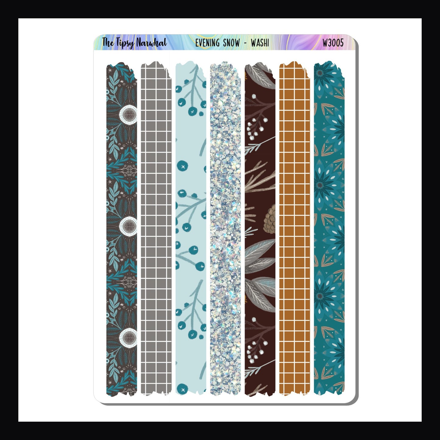 Evening Snow Washi Sheet.  Features 7 strips of washi stickers, each coordinates with the Evening Snow sticker kits.