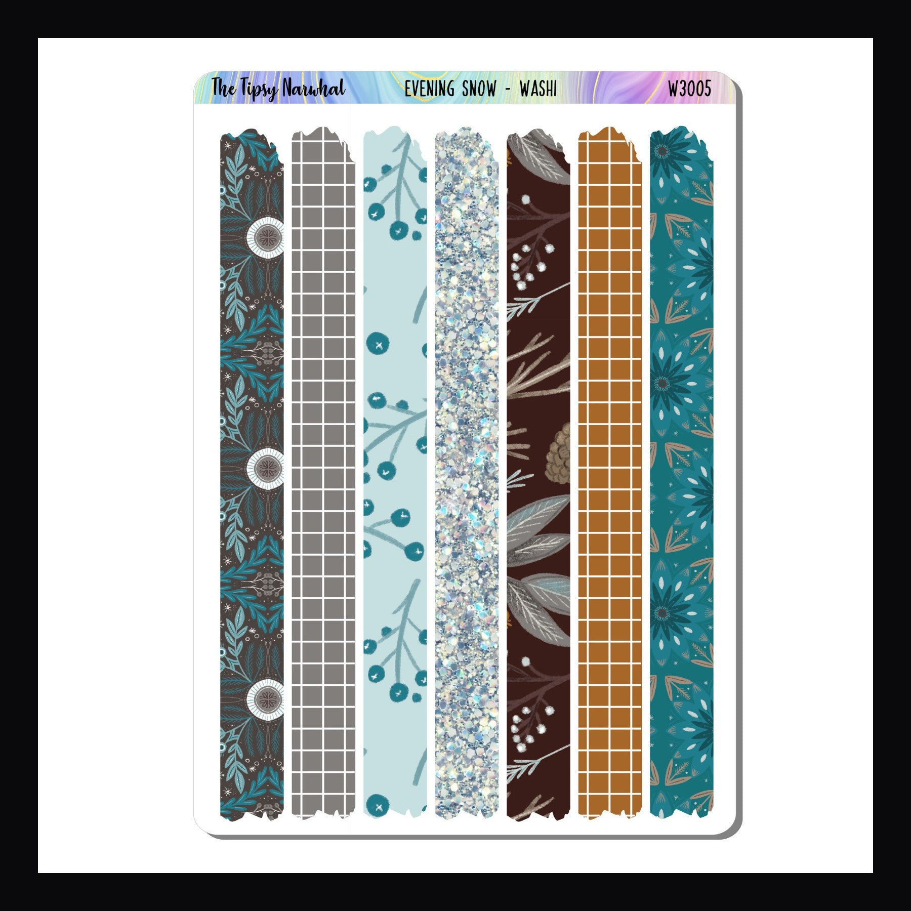Evening Snow Washi Sheet.  Sheet features 7 strips of washi stickers, each strip coordinates perfectly with the Evening Snow sticker kits.