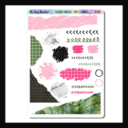 Flocking Fabulous Rips & Scribbles sheet features several ripped, scribble and splash designed stickers in various colors and patterns.  All coordinate with the Flocking Fabulous kits. 