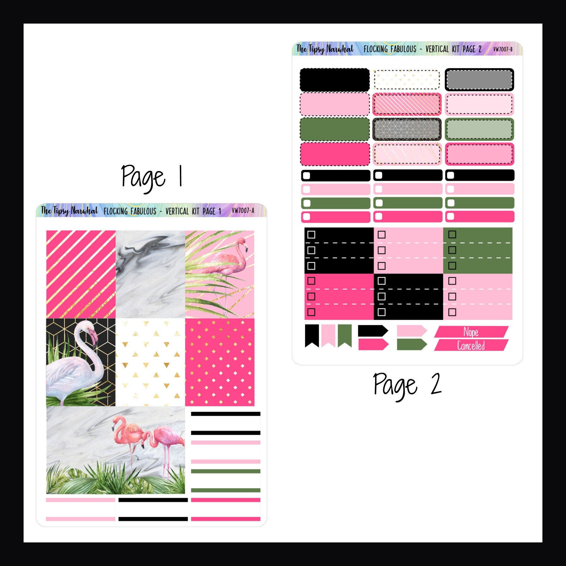 Digital Flocking Fabulous Vertical Kit Pages 1 and 2.  Page 1 features full deco boxes, and appointment stickers.  Page 2 features appointment stickers, skinny check stickers, page flags, cancellation bars and top 3 priority checklists. 