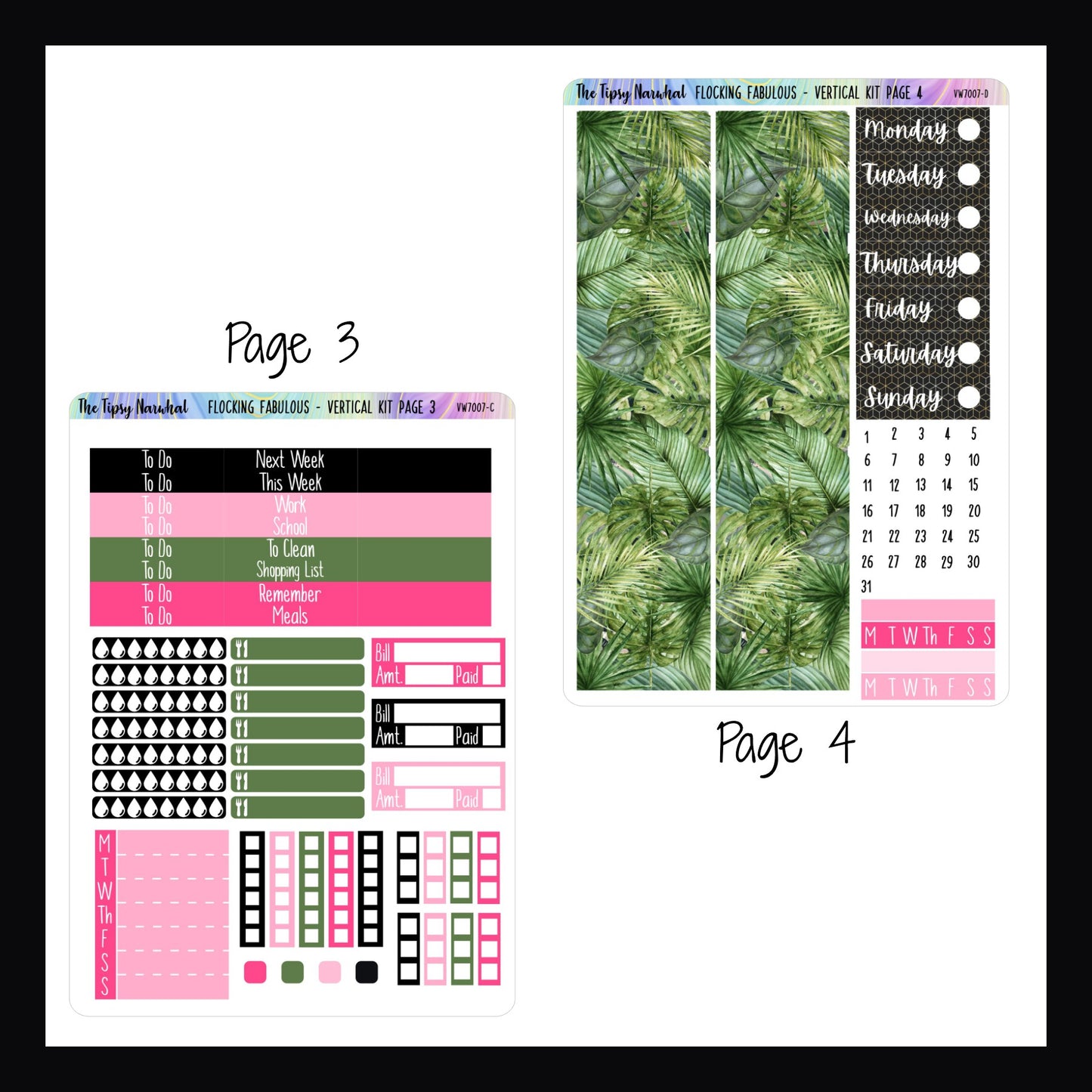 Digital Flocking Fabulous Vertical Kit Pages 3 and 4.  Page 3 features header stickers, checklists, meal tracking and water tracking as well as bill stickers. Page 4 features date covers, full sized washi strips and habit tracking stickers. 