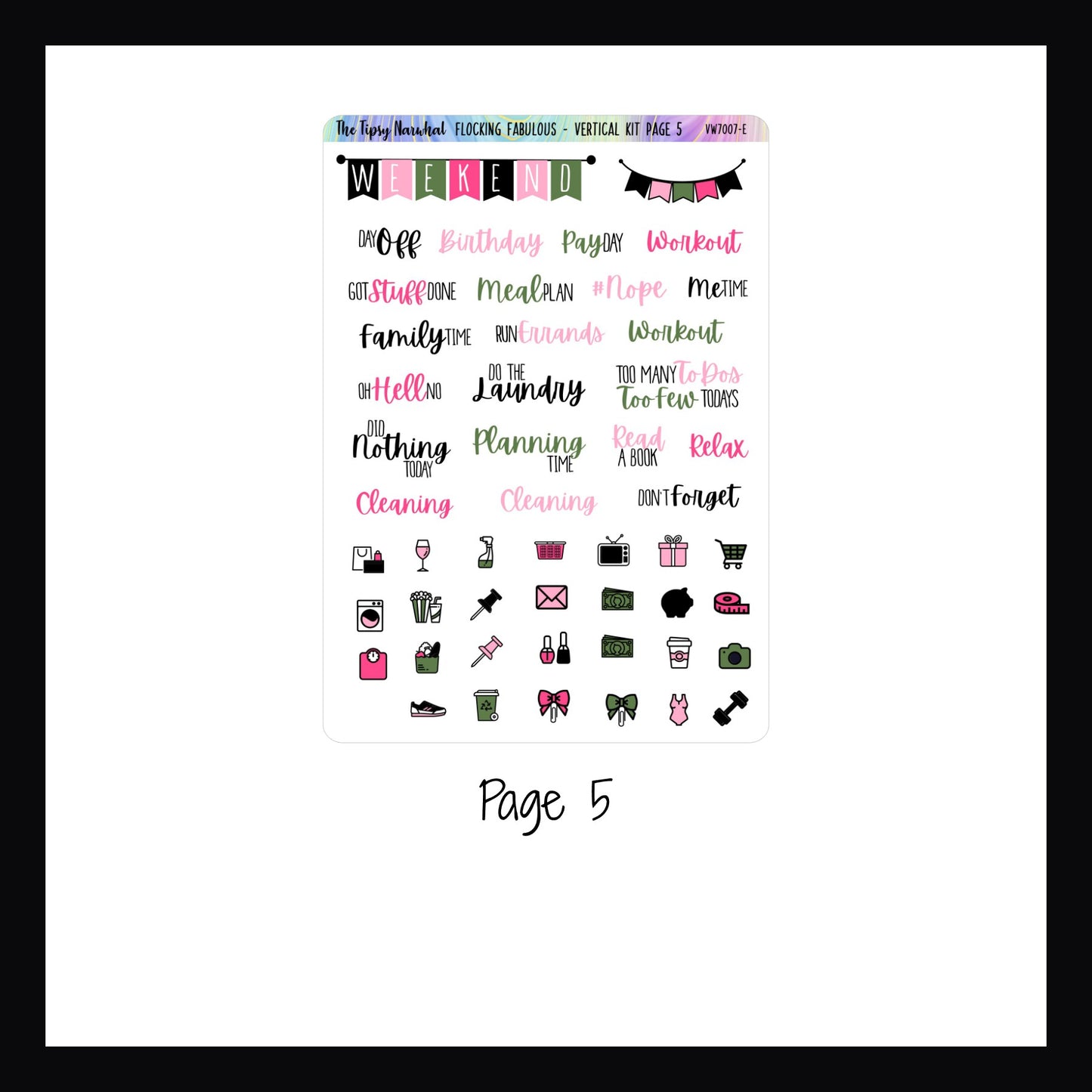 Digital Flocking Fabulous Vertical Kit page 5 features script stickers, daily icons and a weekend banner. 