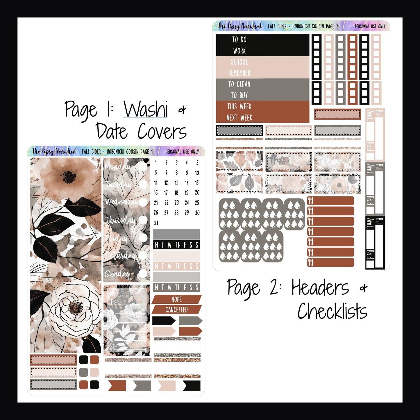 Fall Cider sticker kit for hobonichi cousin, pages 1 and 2, fall leaves, autumn leaves, fall floral, autumn floral, pumpkins, black, orange, greige and pink, wash, date covers, habit trackers, appointment stickers, headers, checklists, water tracker, meal trackers, bill trackers