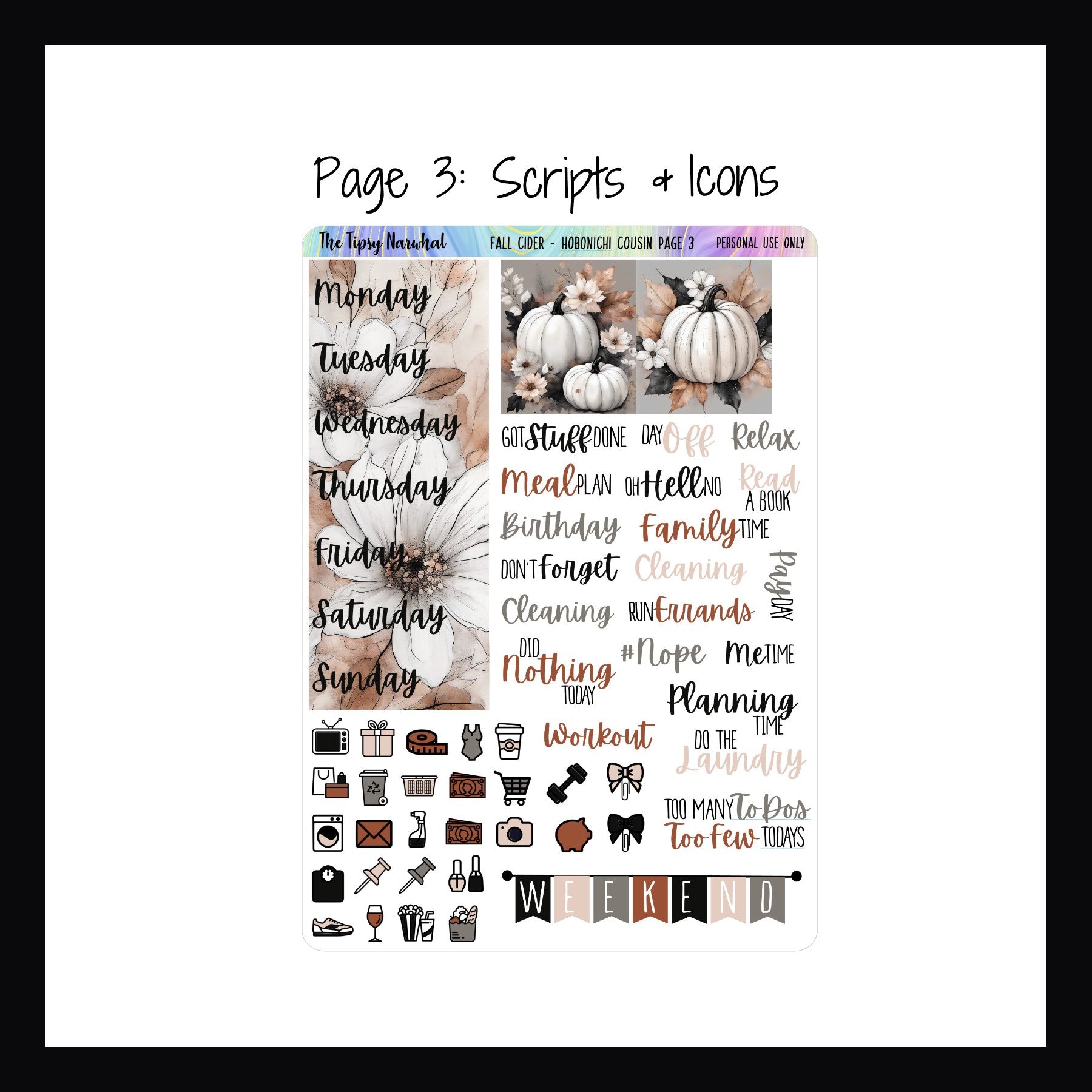 fall cider sticker kit for hobonichi cousin, page 3, scripts stickers, date covers, weekend banner, daily icon stickers, date covers fall colors black orange pink and greige, fall flowers, autumn flowers