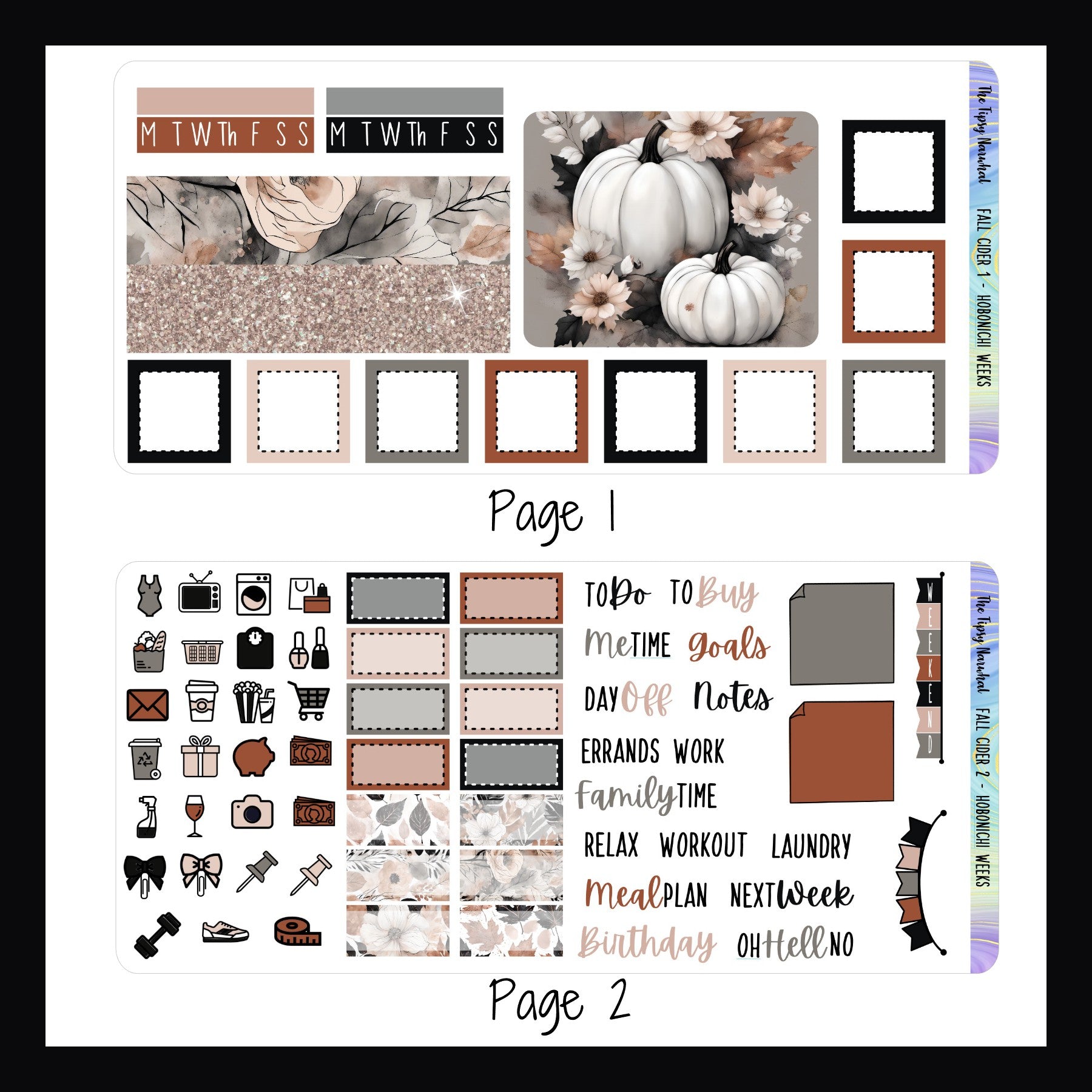 Fall Cider Kit pages 2 & 3 for hobonichi weeks, full box stickers, appointment stickers, decor stickers, weekend banner, sticky note stickers, daily icons, script stickers and habit trackers