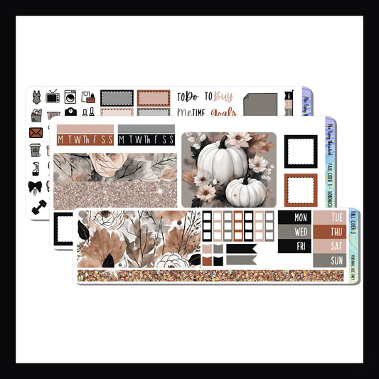 Fall cider sticker kit for hobonichi weeks, fall flowers, fall leaves, fall pumpkins, orange black, pink and grreige, three page kit