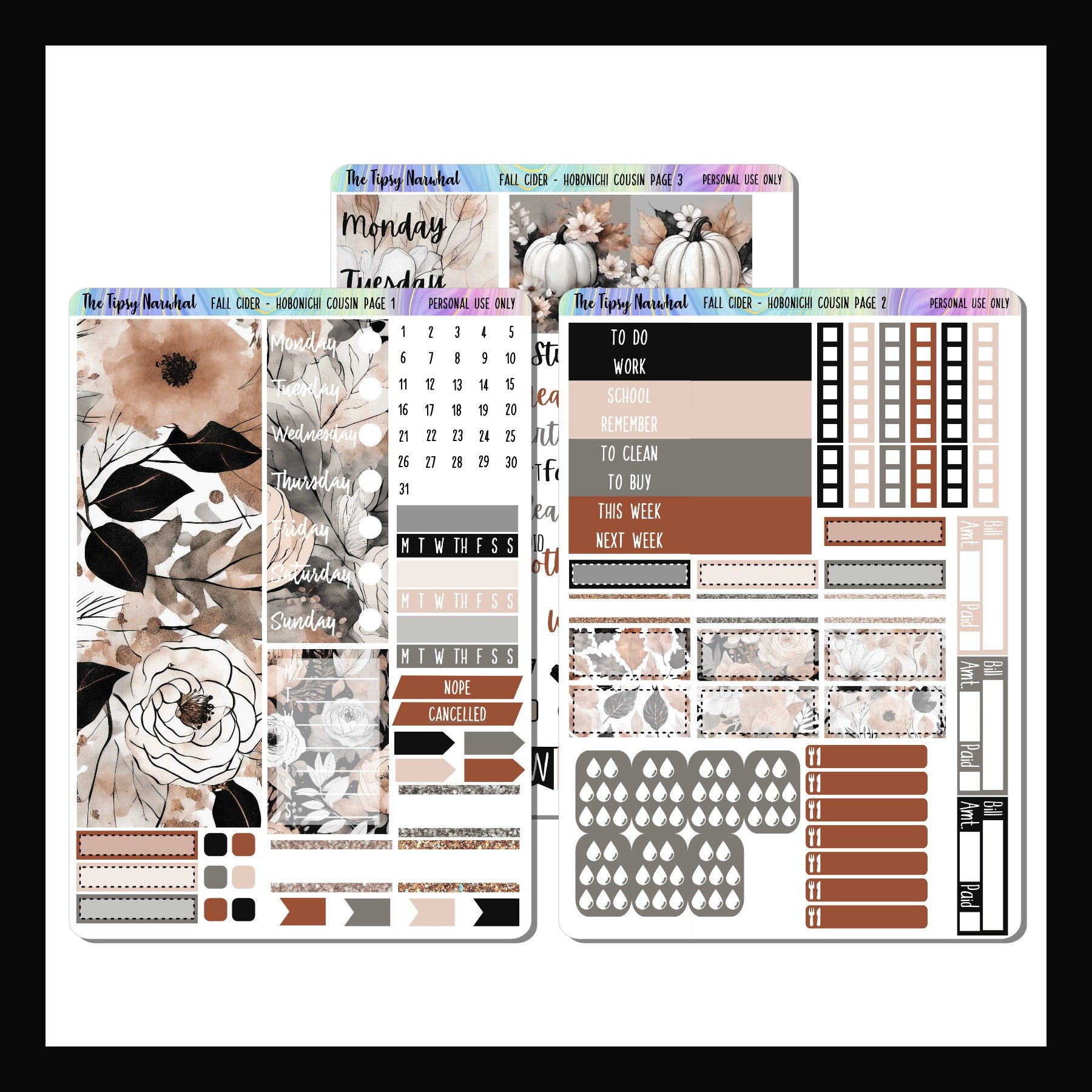 Fall Cider Sticker Kit for Hobonichi Cousin, Fall flowers, autumn flowers, pumpkins, fall leaves, autumn leaves, three page kit