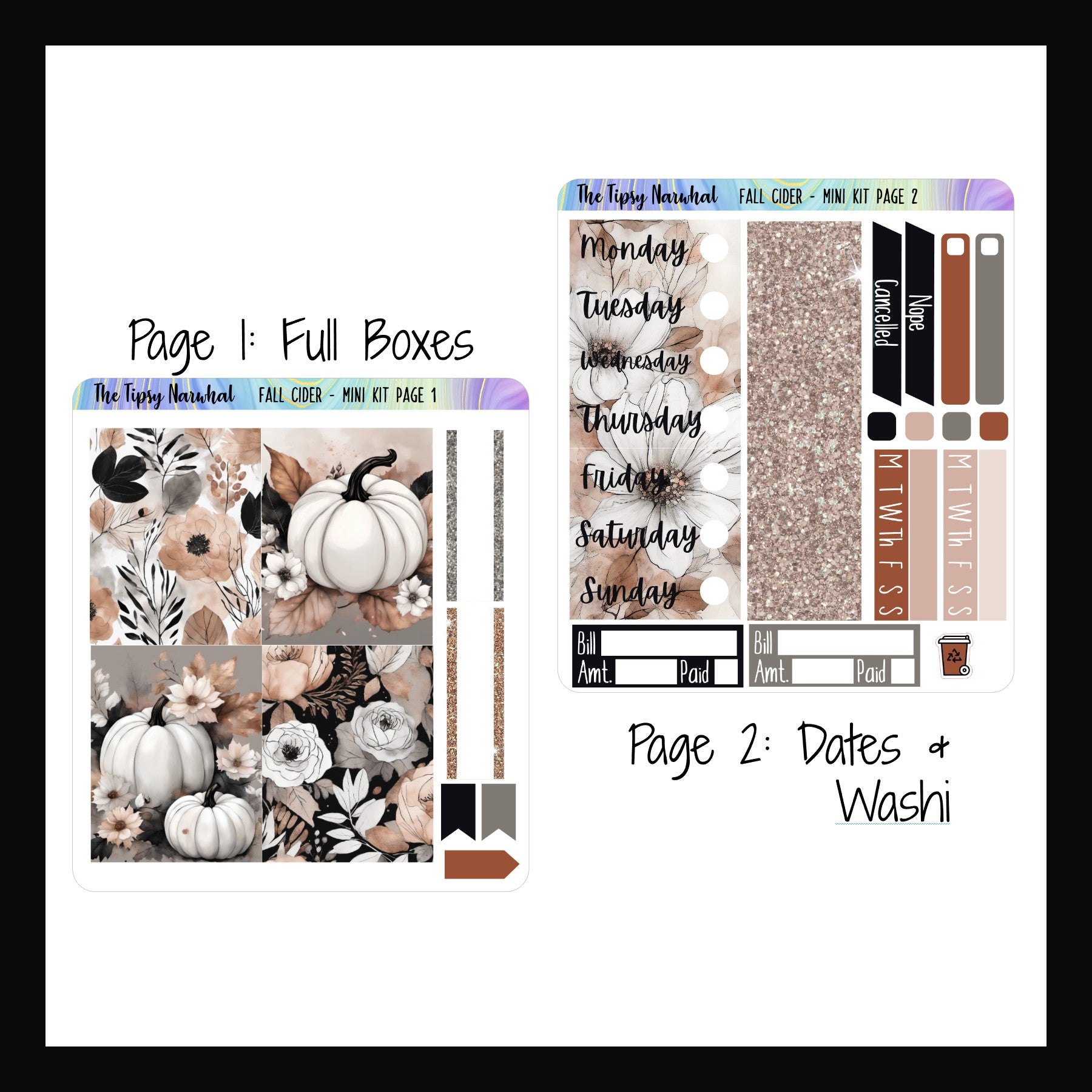 Fall Cider mini vertical kit pages 1 and 2, full box decor, date covers, washi strips, habit trackers, bill trackers, cancel stickers, orange, pink, black and greige, fall flowers, fall leaves, autumn, pumpkins