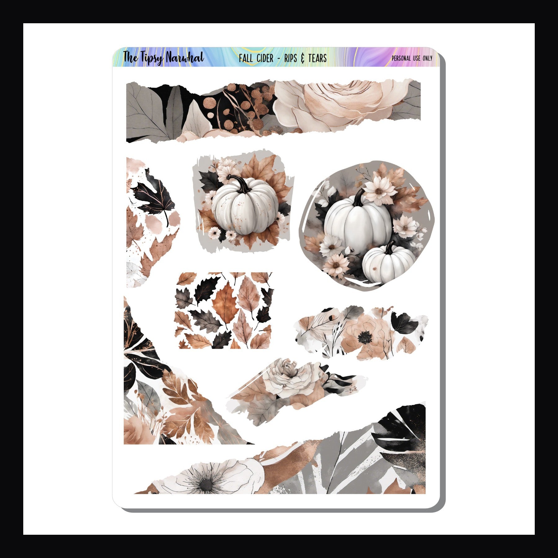 Fall Cider rips & tears sticker sheet, various ripped corner and wash tape stickers, orange, pink, greige, black, autumn florals, autumn leaves, pumpkins