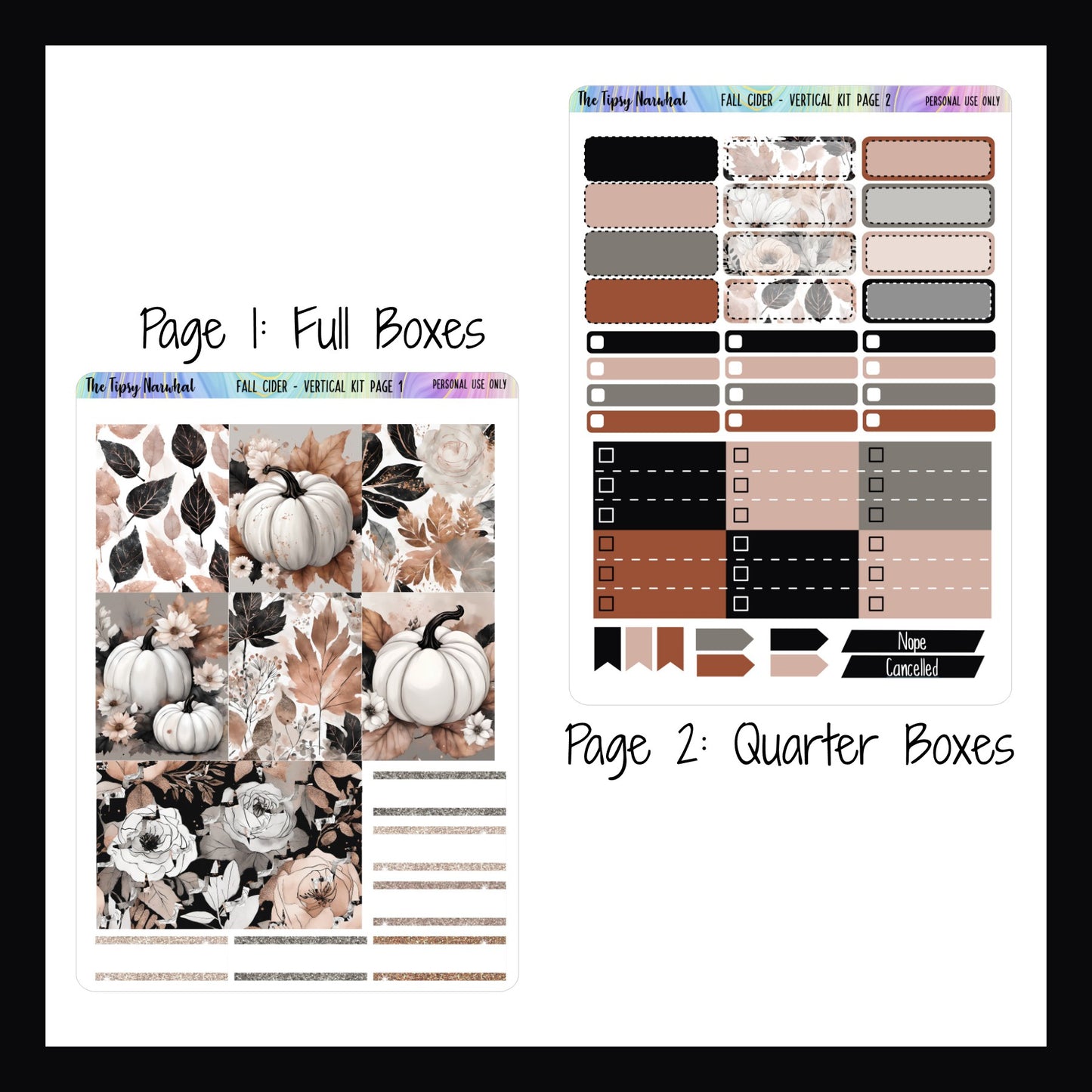 Fall Cider Vertical Weekly Kit pages 1 & 2 full box deco, appointment stickers, skinny stickers, priority stickers, cancellation bars, pumpkins, fall leaves, fall flowers, pink, orange, black and greige 