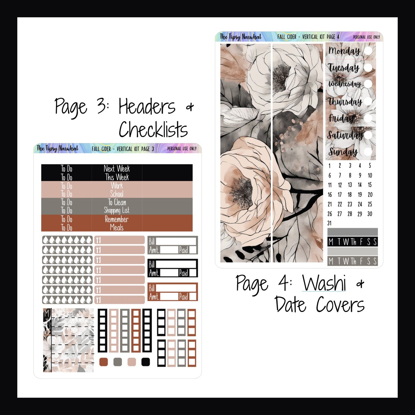 Fall Cider vertical weekly kit pages 3 and 4, headers, checklists, water tracking, meal tracking, bill tracking, habit tracking, washi strips, date covers, fall pumpkins, fall floral, fall leaves, pink, black, greige and orange