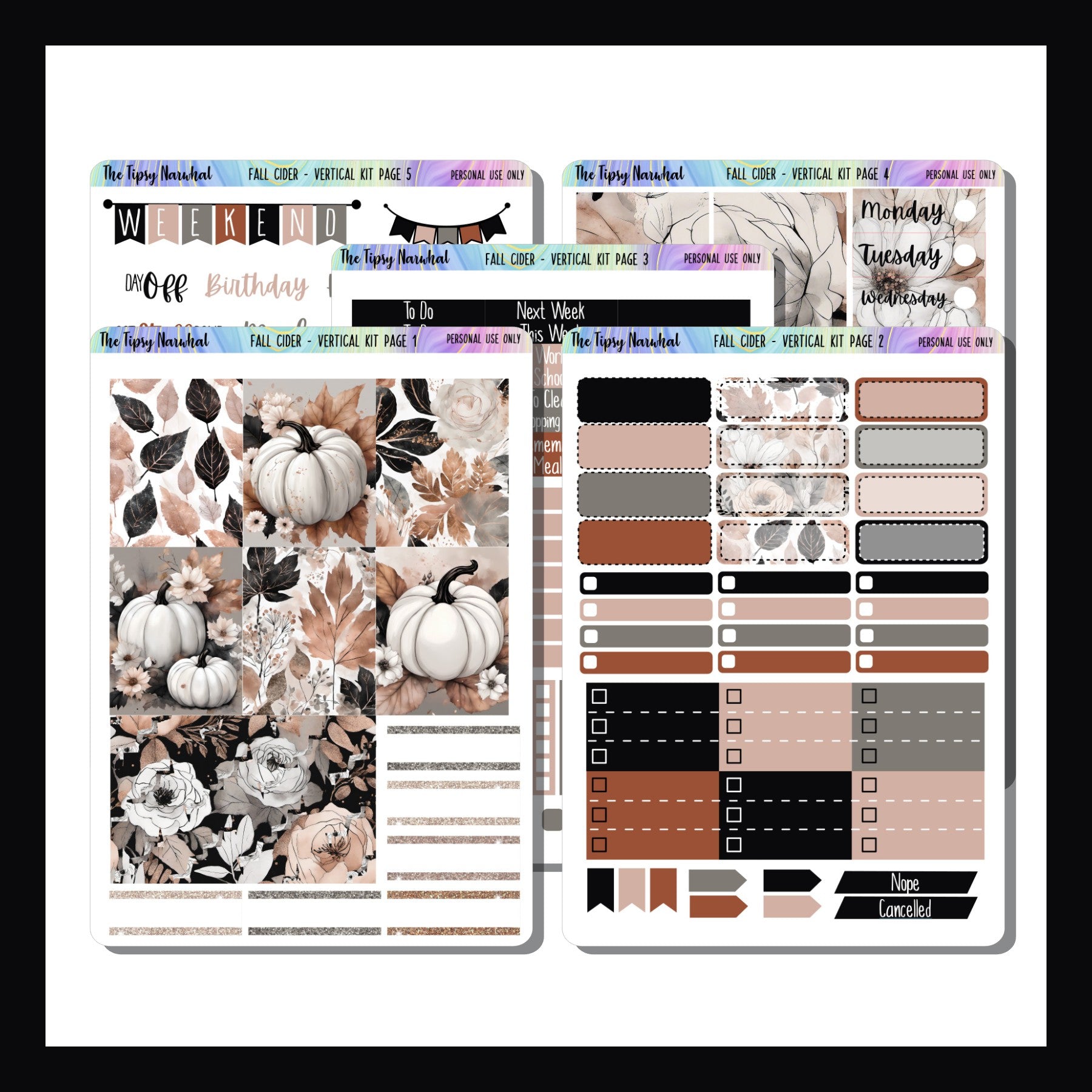 Fall Cider Vertical Weekly Kit, Fall leaves, fall flowers, autumn pumpkins, autumn leaves, autumn flowers, 5 page kit, vertical layouts, weekly sticker kit