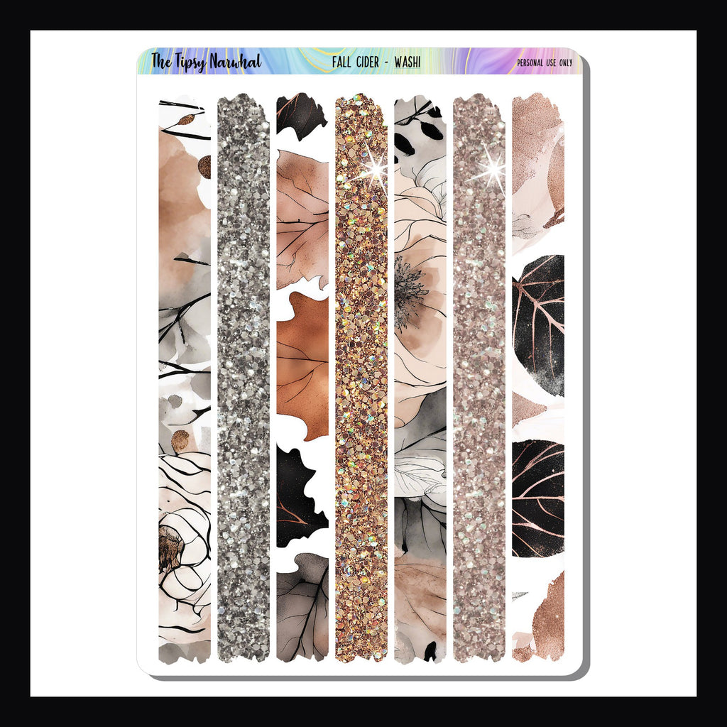 Fall Cider washi sticker sheet, leaf and flower pattern washi in orange, pink, greige and black colors, glitter wash strips