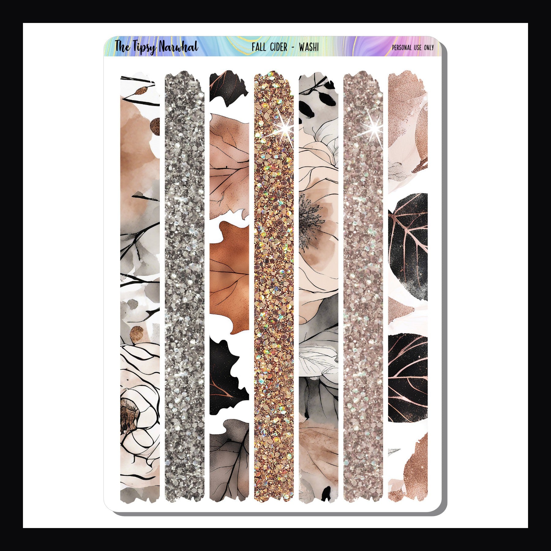 Fall Cider Washi strip sticker sheet, washi tape stickers, washi strips, fall flowers, fall leaves, fall pumpkins, glitter washi 
