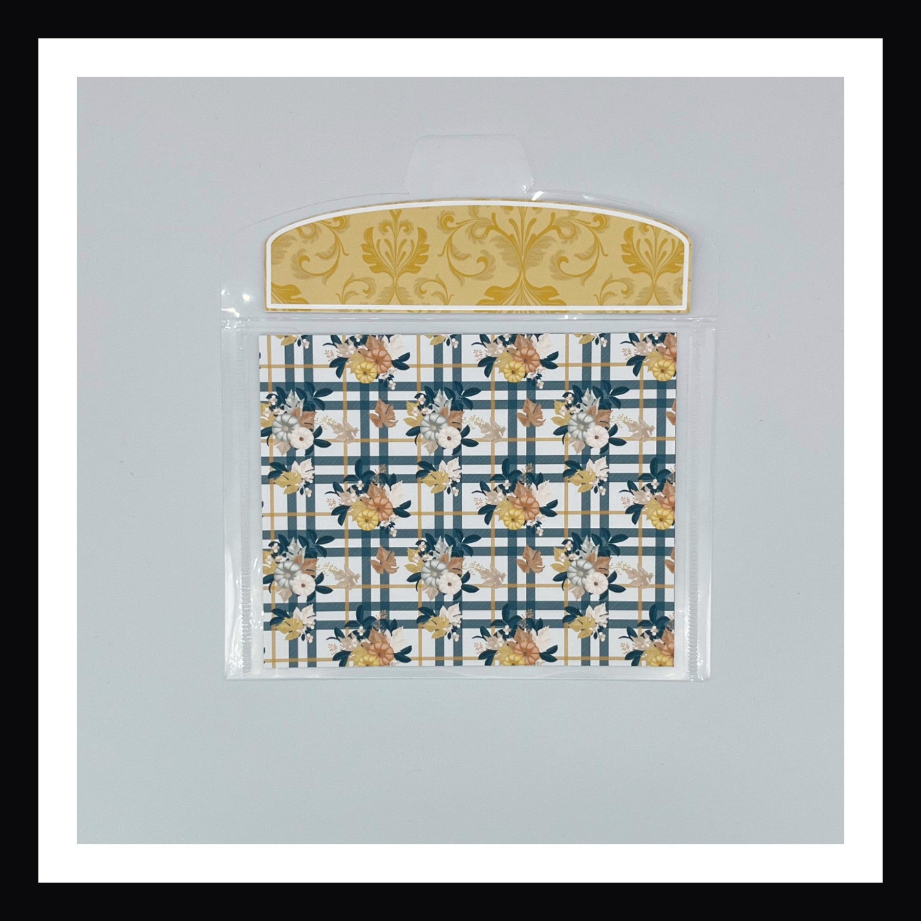 Fall Floral Envelope features a blue plaid design with pumpkins and a coordinating yellow damask flap. Shown on a white background.