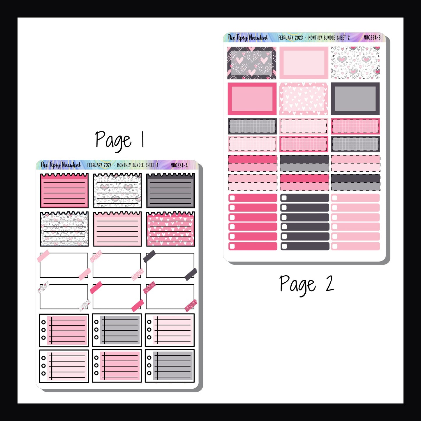 February 2024 Monthly Bundle pages 1 and 2.  Page 1 features 18 sticky note style stickers in various pink and grey colors.  Page 2 features half box stickers, quarter box sticker and skinny check box stickers.  Half box stickers feature heart patterns.