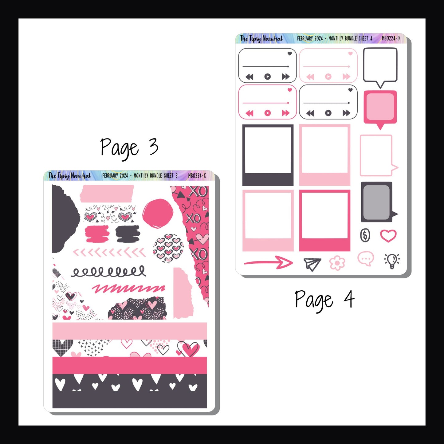 February 2024 Monthly Bundle Page 3 and 4.  Page 3 features multiple design element stickers including scribbles, washi strips, and torn paper stickers.  Page 4 features daily icon stickers, playlist stickers, photo frame stickers and speech bubble stickers.