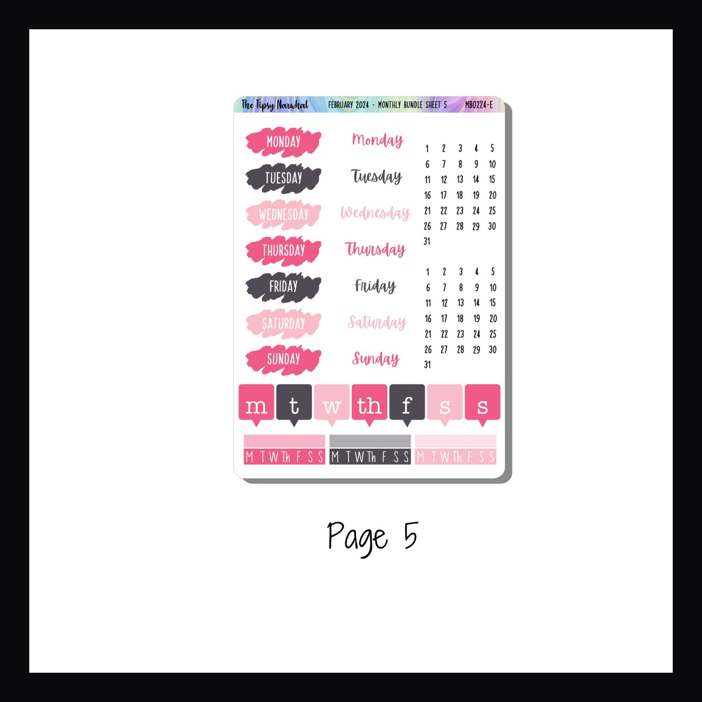 February 2024 Monthly Bundle page 5.  Page 5 features date covers, date stickers and habit tracker stickers in various shades of pink and grey.