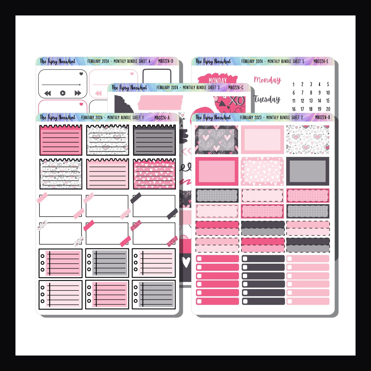 February 2024 Monthly Bundle.  5 page sticker kit featuring a grey and pink valentine theme. 