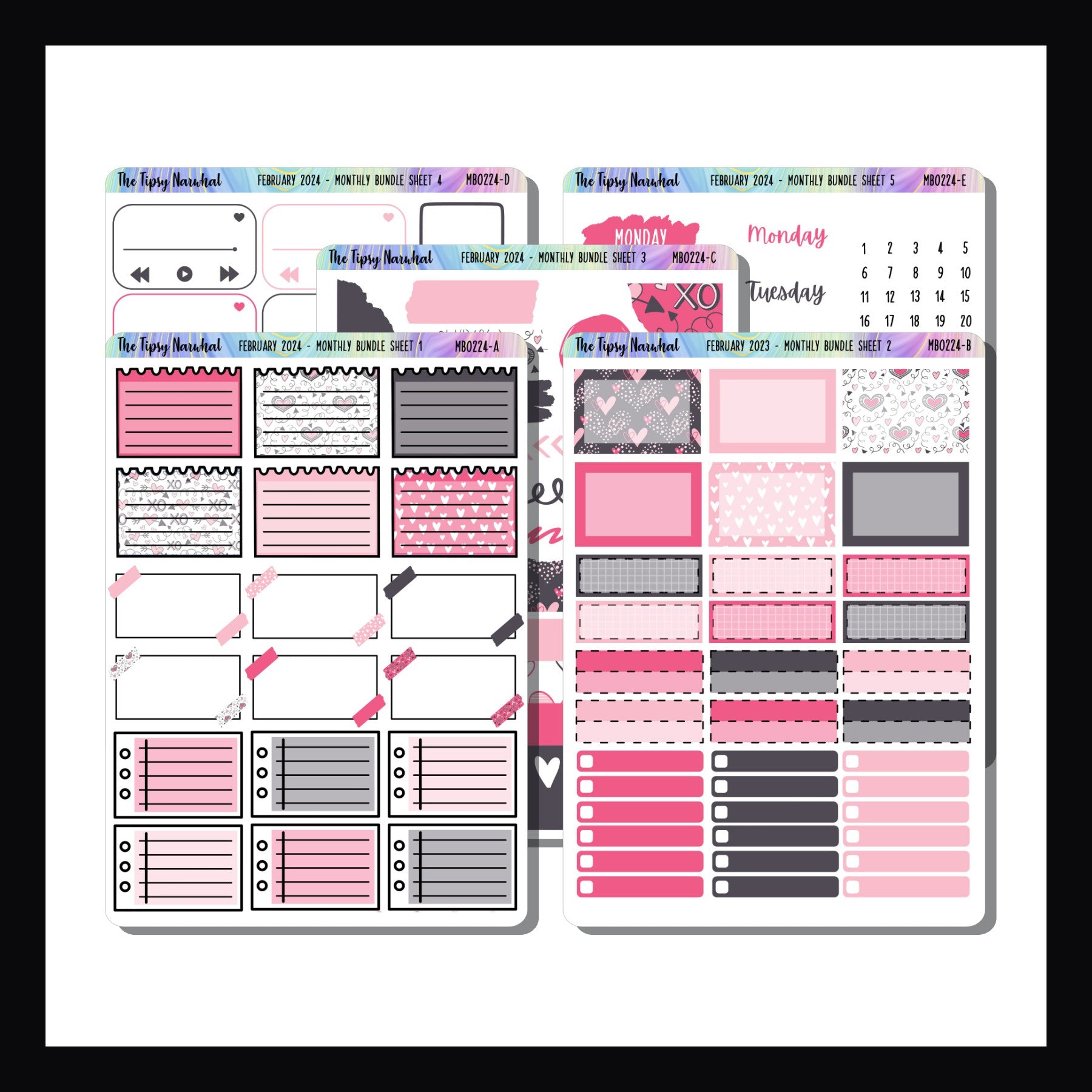 February 2024 Monthly Bundle.  5 page sticker kit featuring a grey and pink valentine theme. 