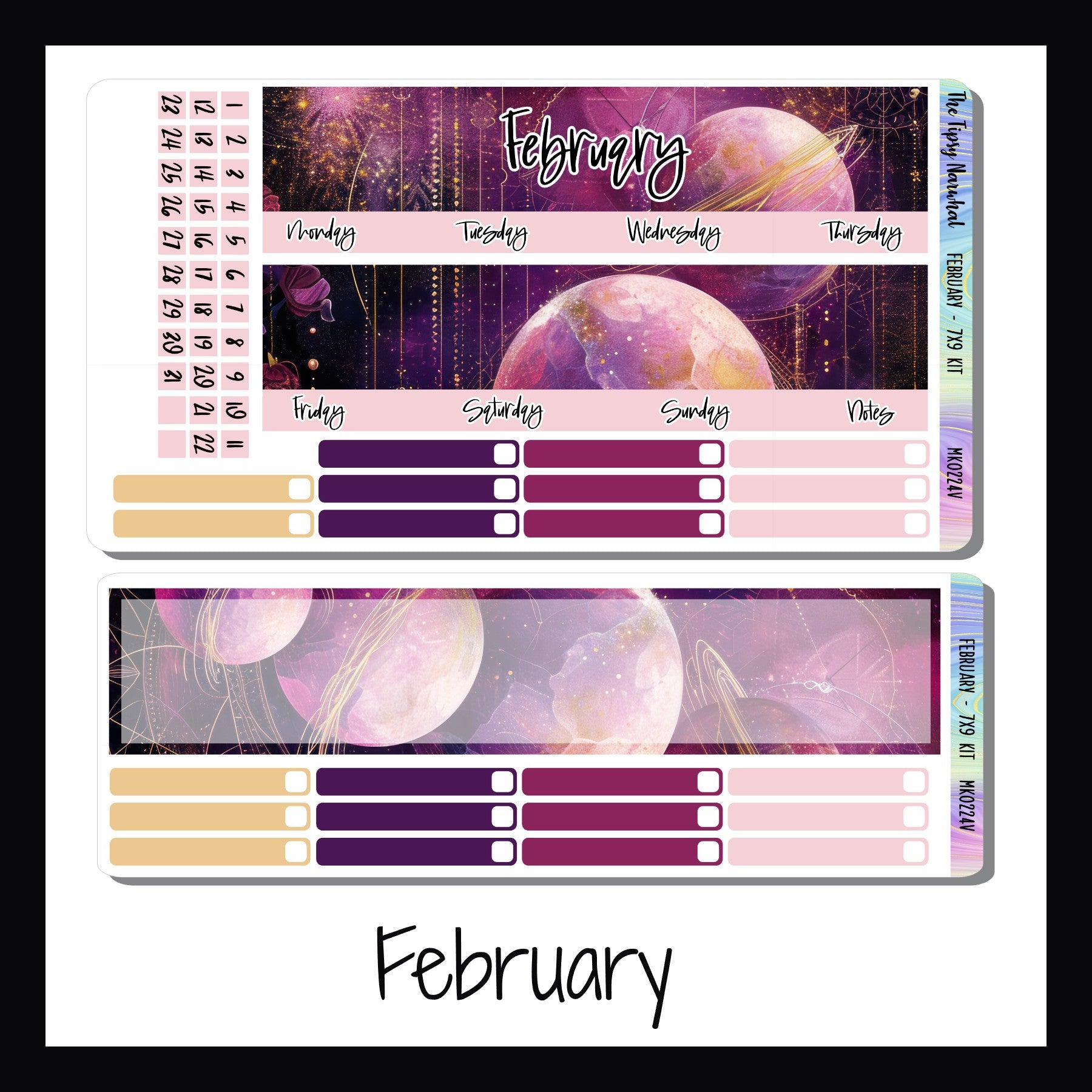 February monthly kit for 7x9 planners, features a pink planet with rings of gold, colors include deep plums, burgundy and pink