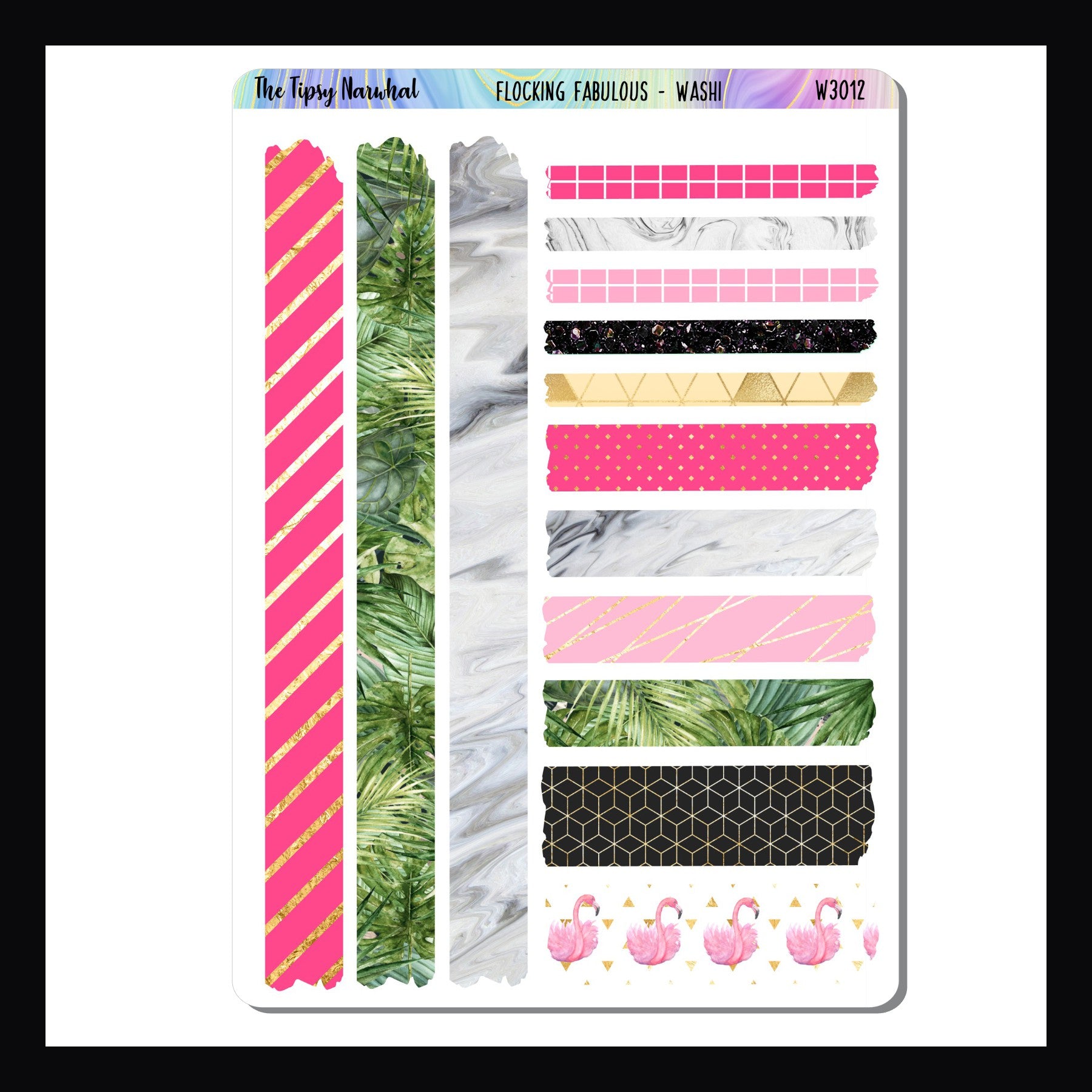 The Digital Flocking Fabulous Washi Sheet is a digital/printable version of the sheet by the same name.  It features 14 strips of washi stickers in various patterns and sizes all coordinating with the Flocking Fabulous Kits. 