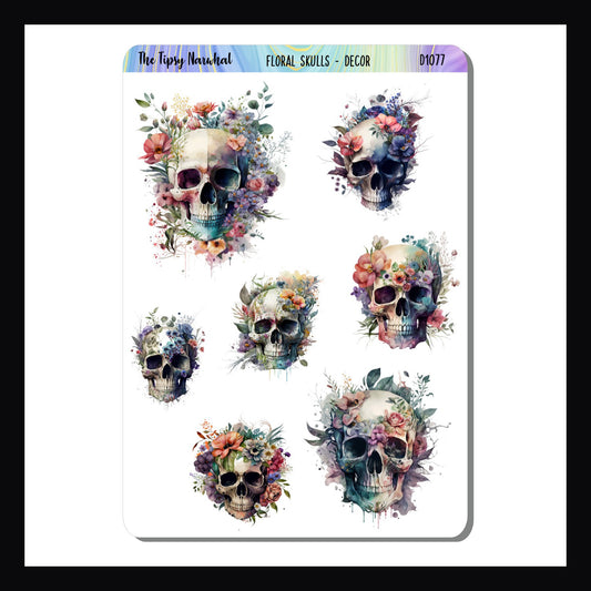 Floral Skulls Decor Sheet is a 3.5 x 5 inch sticker sheet.  It features 7 skull stickers each with a beautiful floral motif.  Each sticker is a unique design and the size varies by design. 
