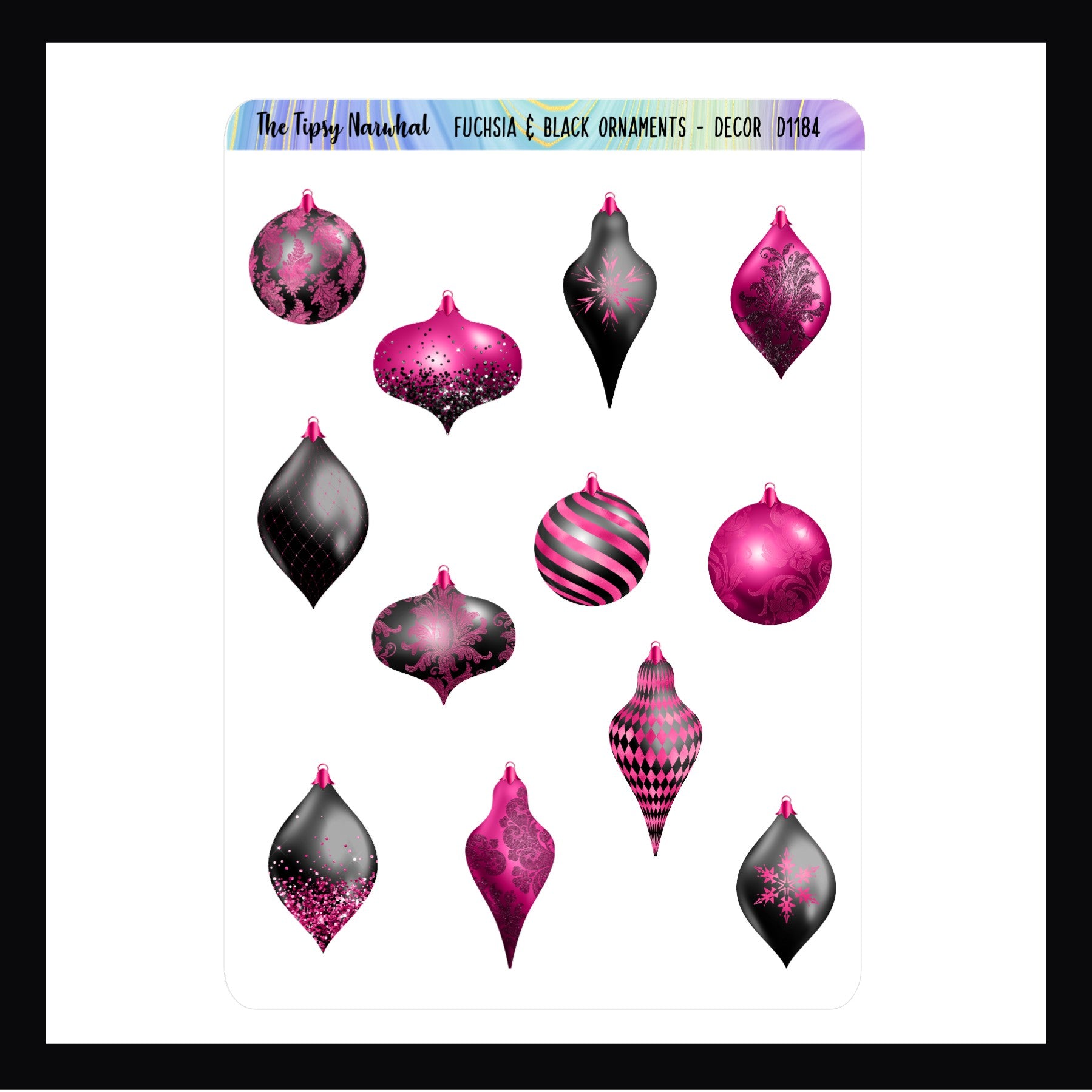 Fuchsia & Black Ornaments Decor sheet features 12 fuchsia & black colored ornament stickers in various styles.  Stickers are shown on a white background. 