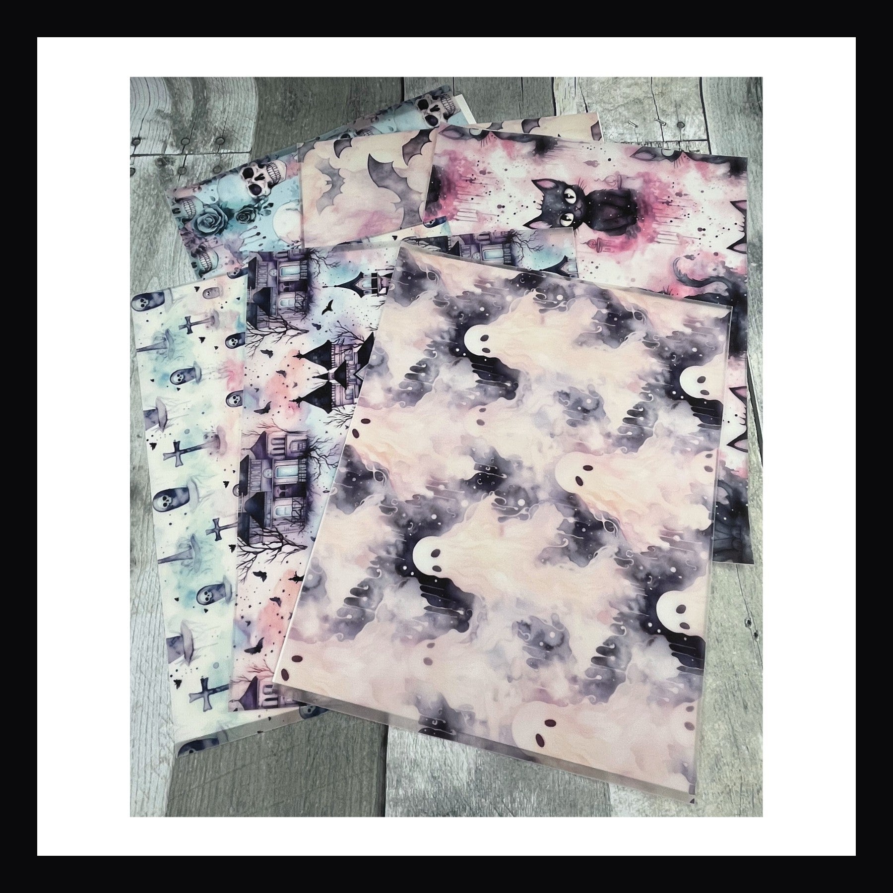 Set of 6 Printed Vellum Papers, Halloween Vellum, Spooky Vellum, Goth Vellum, Ghosts, Haunted Houses, Graveyard, Black Cats, Bats, Skulls, Pink, Black, Purple, Blue colors