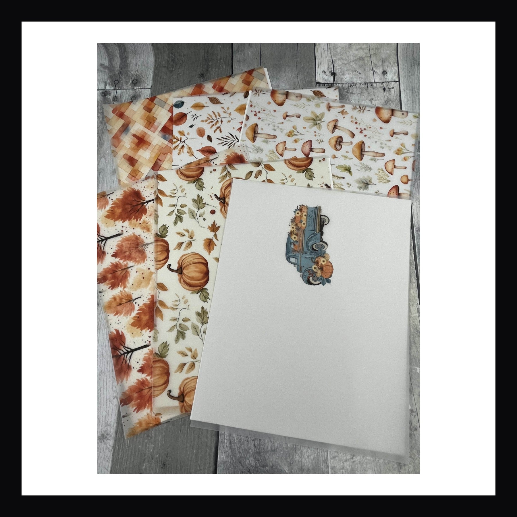 Set of 6 printed vellum sheets, fall vellum, autumn vellums, pumpkin trucks, pumpkins, fall leaves, fall trees, geometric watercolor, mushrooms, leaves, seeds, grasses