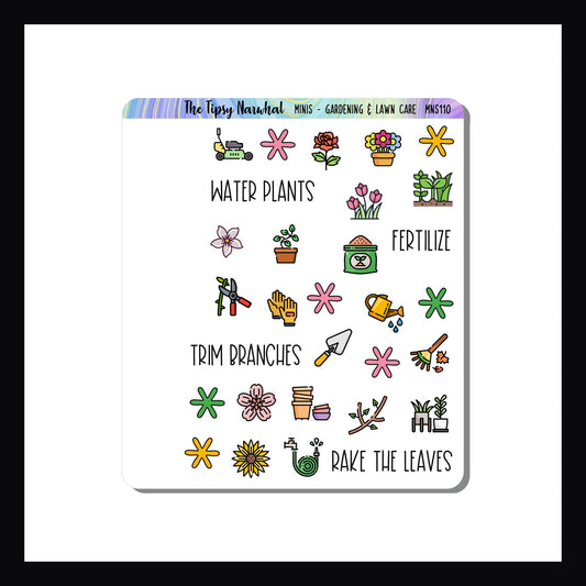 MIni Icon Sheets Gardening is a 3.5 x 4" sticker sheet featuring various task icons for yard work.  Perfect for noting yard tasks in small planners, monthly layouts, and wall calendars.