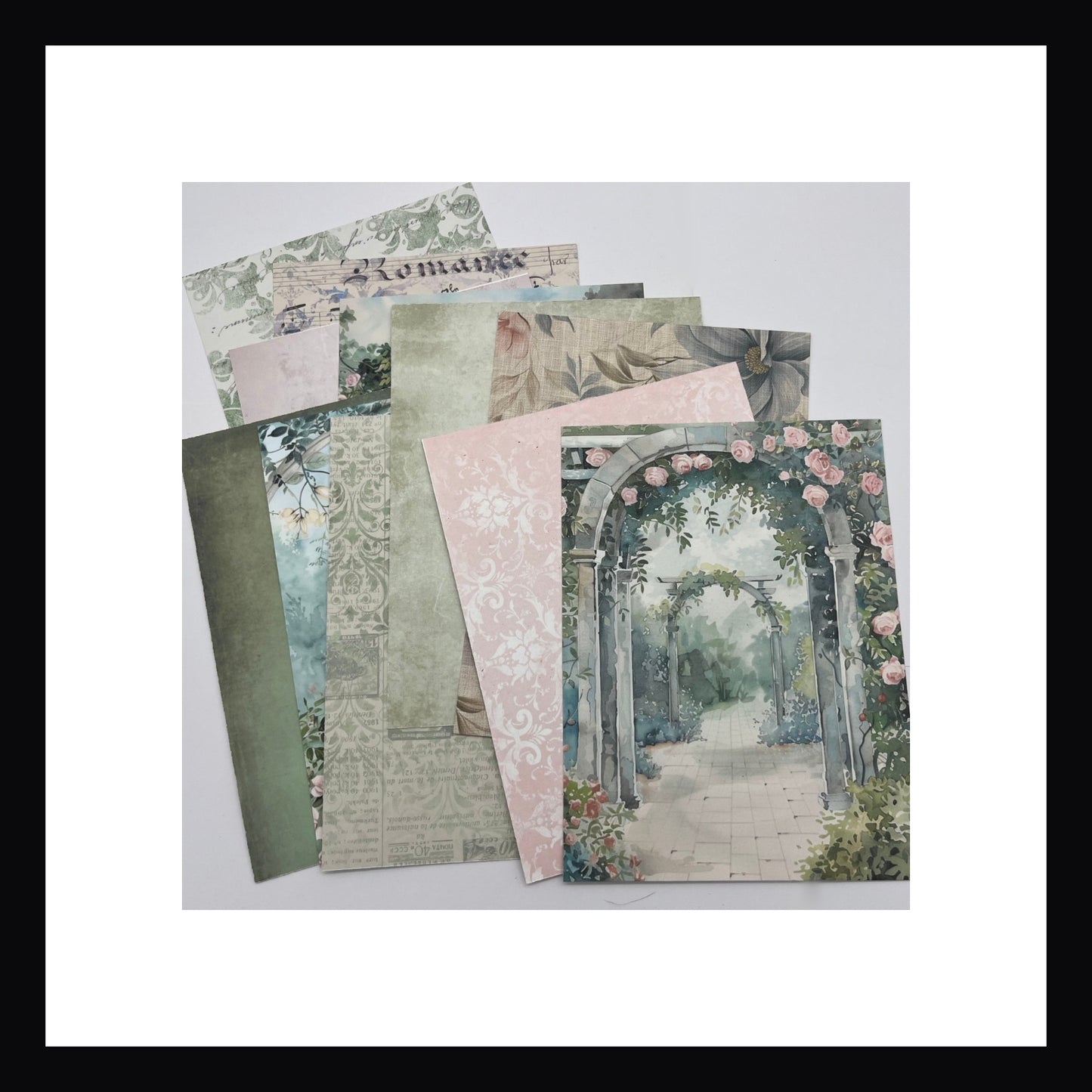 Gardening Junk Journaling Kit contains 12 double sided papers each measuring 6x8". Designs include peaceful garden scenes, damask prints, vintage music and floral linens.