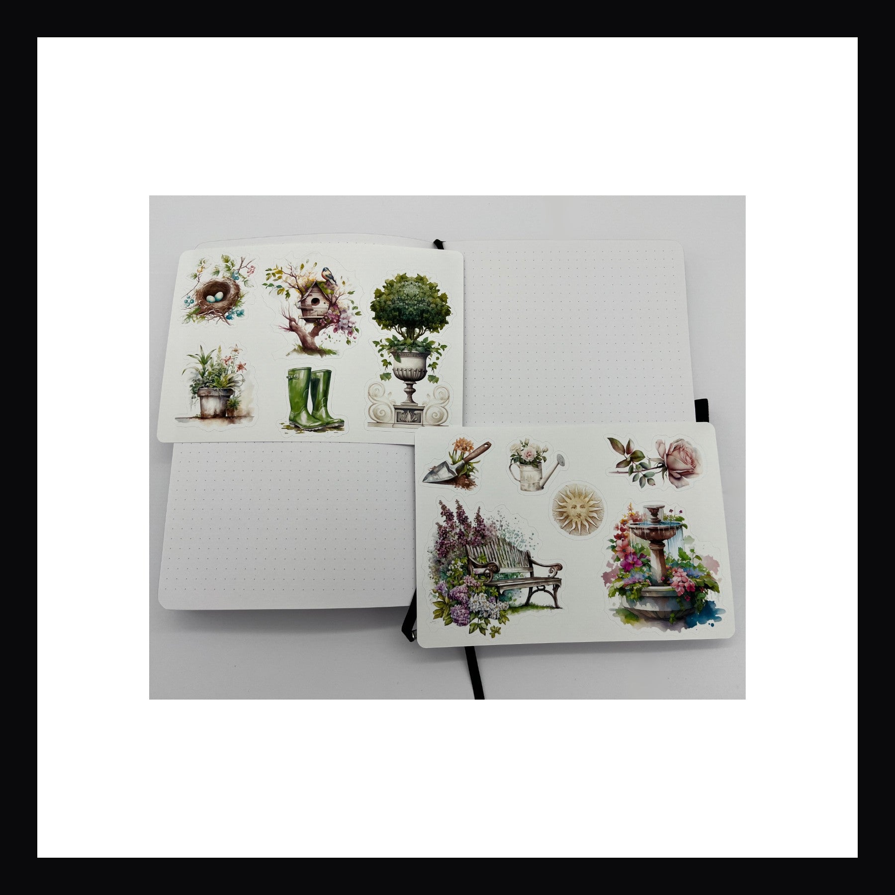 Gardening Junk Journaling Kit contains 2 sticker sheets each measuring 5x7".  Sticker designs include fountains, garden benches, topiary, bird nest, and more.
