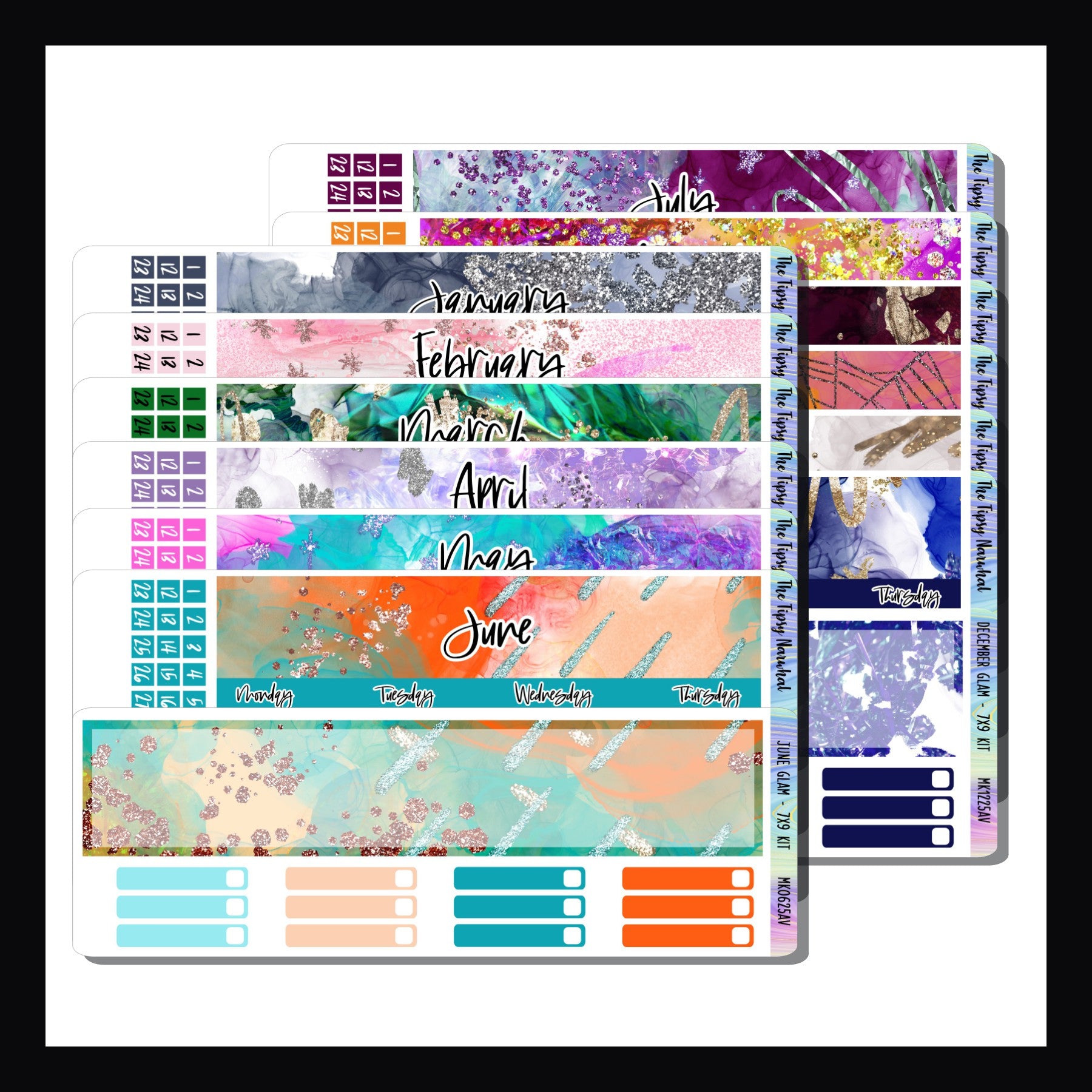 2025 Glam Monthly Kits for 7x9 Vertical Planners is a collection of 12 sticker kits designed to fit the monthly layout of most 7x9 vertical planners such as Erin Condren.  Each month features a unique color palette. 