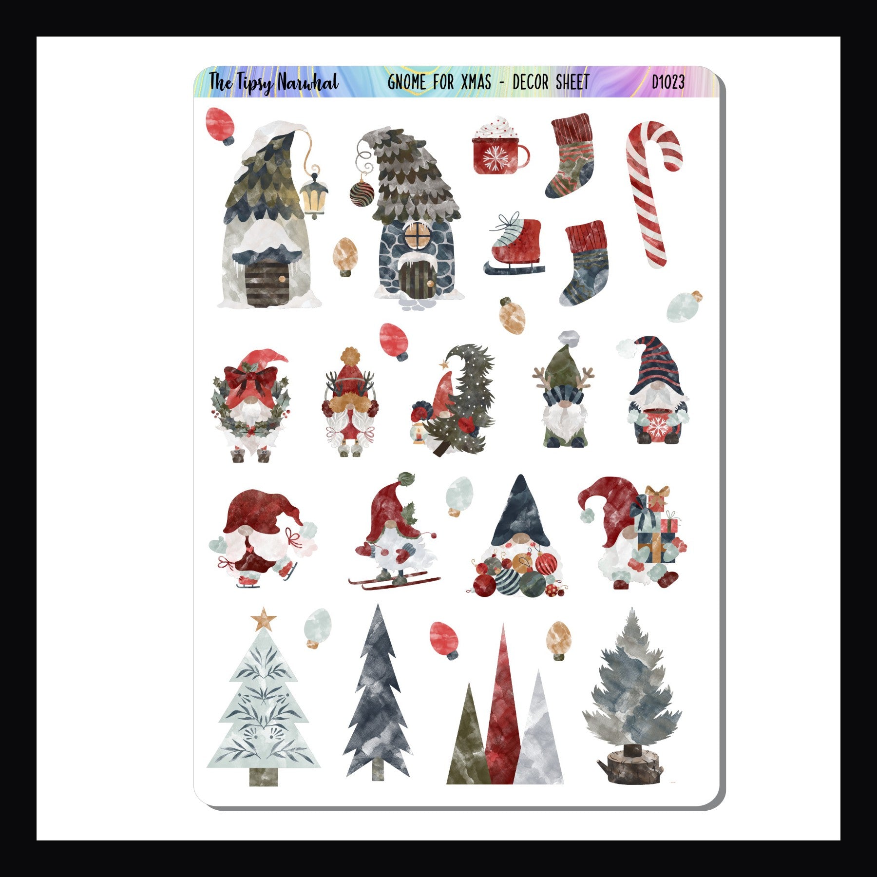 Gnome for Christmas Decor Sticker Sheet features several holiday gnome stickers.  Also includes tree stickers, two gnome house stickers as well as various holiday accessories including stockings candy canes and light bulbs