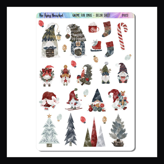 Gnome for Christmas Decor Sticker Sheet features several holiday gnome stickers.  Also includes tree stickers, two gnome house stickers as well as various holiday accessories including stockings candy canes and light bulbs
