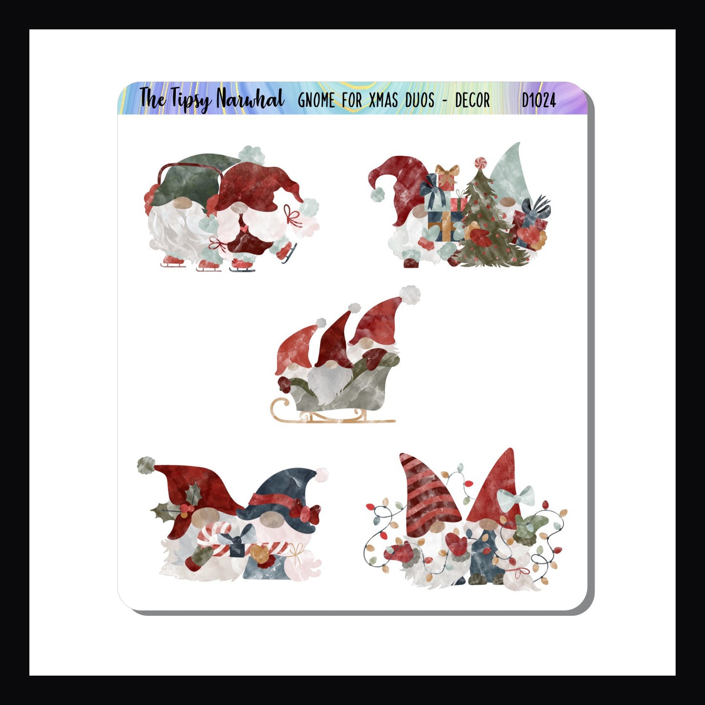 Gnome for Christmas Duos Decor sheet features 5 pairs of gnomes getting ready for the Christmas season.