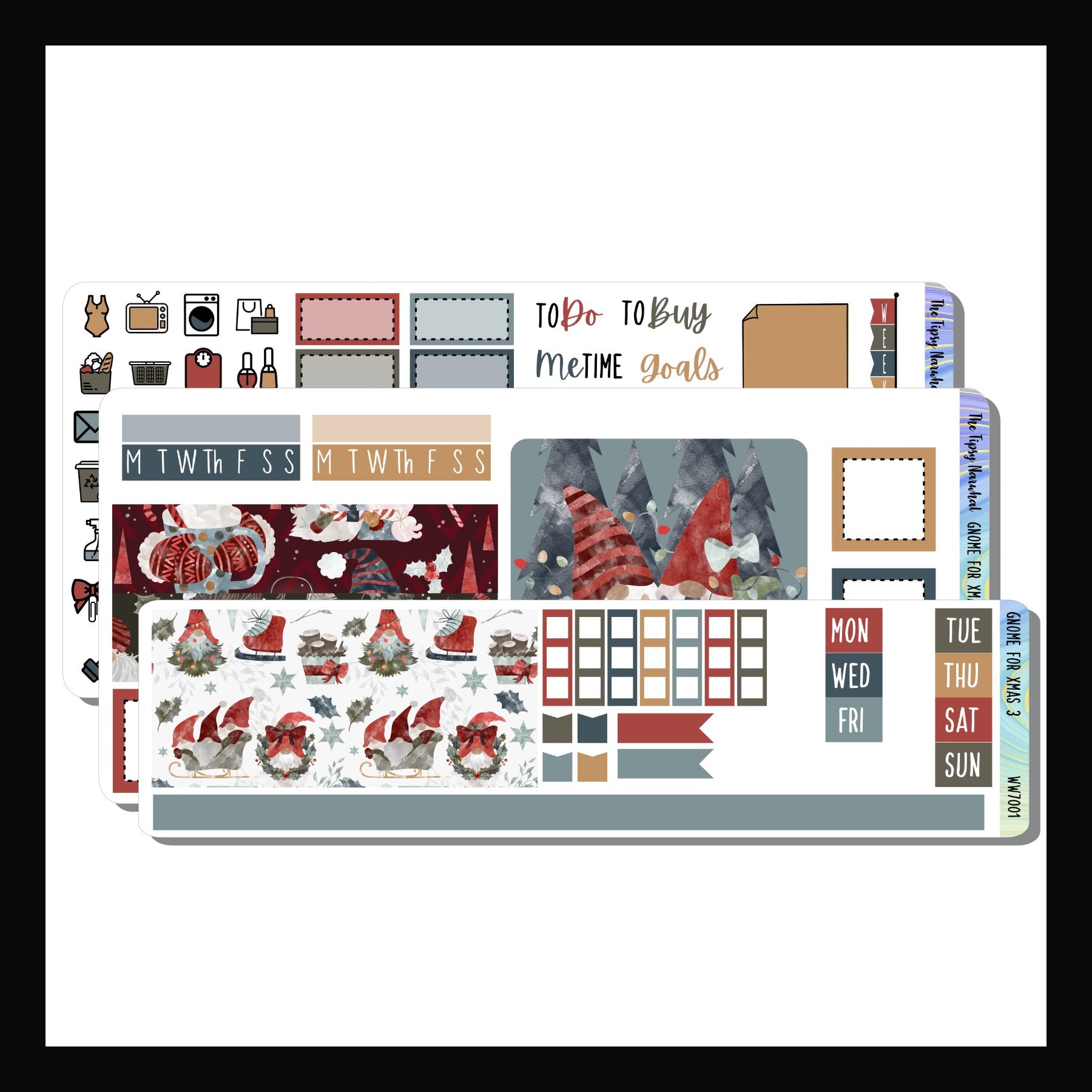 Gnome for Xmas Hobonichi Weeks Sticker kit, 3 page kit featuring playful holiday gnomes, colors include red, green, navy, yellow and light blue