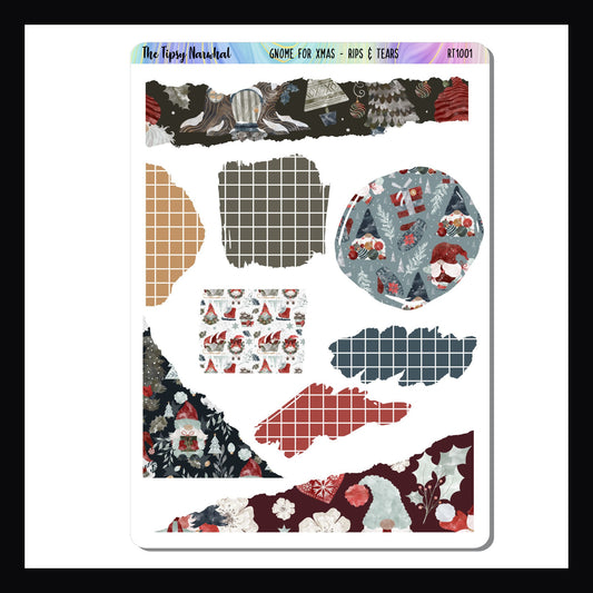 Gnome for Xmas Rips & Tears sheet features multiple shapes and sized stickers featuring the ripped or torn effect.  Perfectly coordinates with the Gnome for Xmas sticker kits.