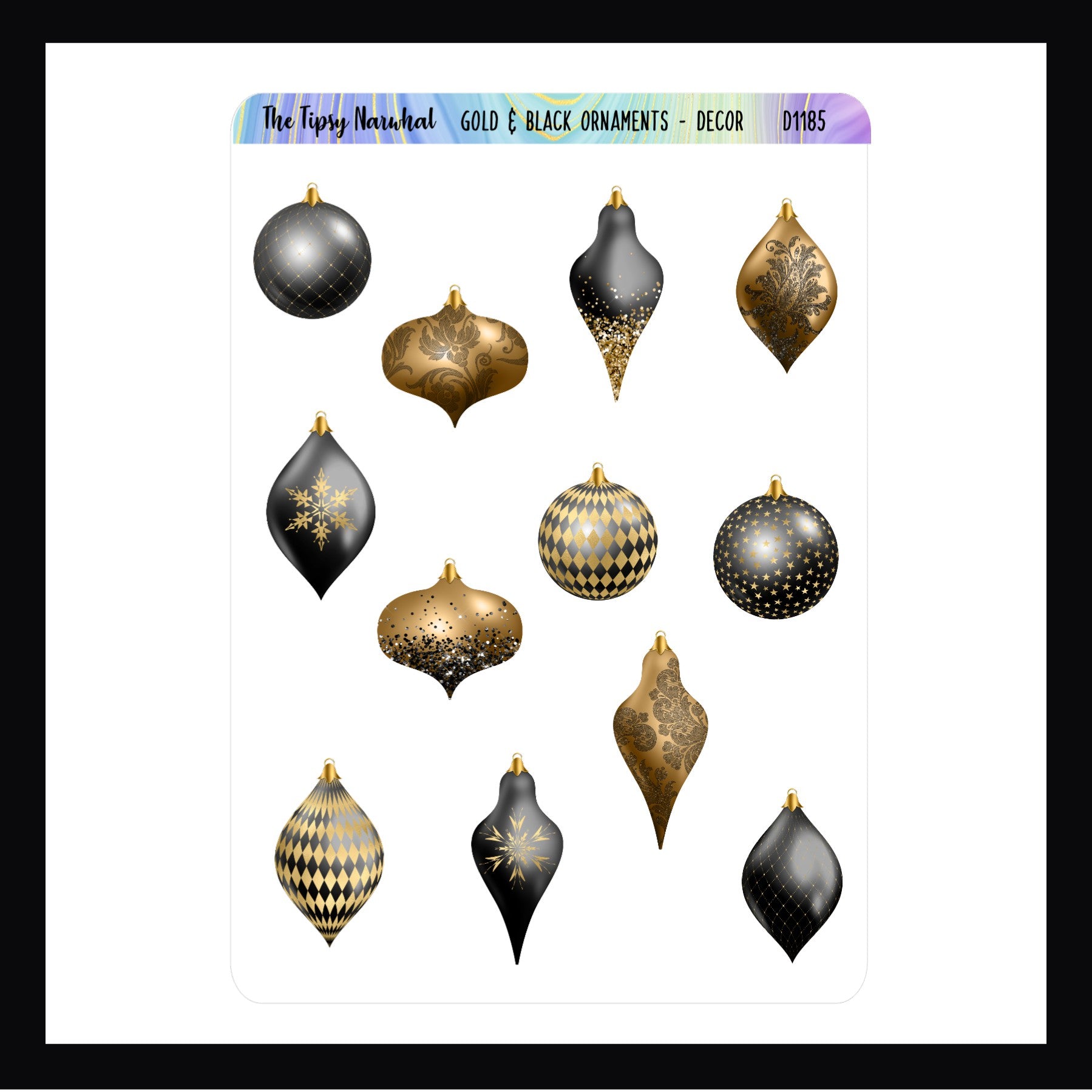Gold & Black Ornaments Decor Sheet features 12 gold and black ornament stickers in various shapes. Shown here on a white background.