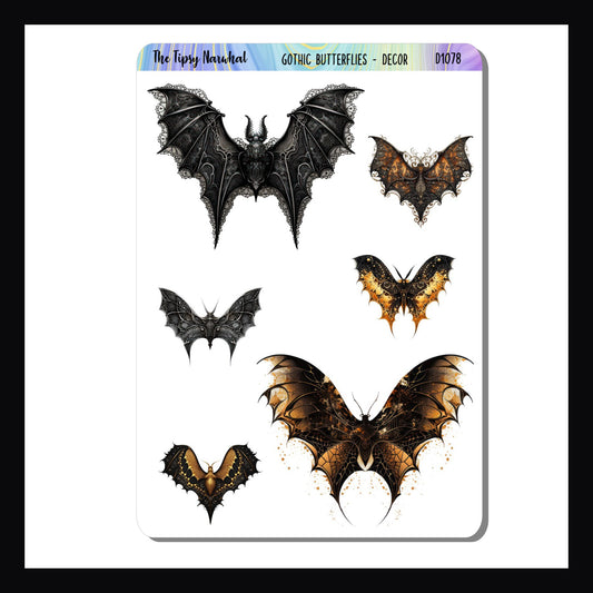 Gothic Butterflies Decor Sheet is a 3.5 x 5 inch sticker sheet.  Featuring butterfly designs in a dark, ornate style each sticker is a unique design and size.  6 stickers total.