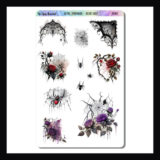 Gothic Spiderwebs Decor Sheet is a 4.5 x 7 inch sticker sheet.  It features a variety of spider webs mixed with dark flowers and gothic architecture.  Total of 11 stickers. 