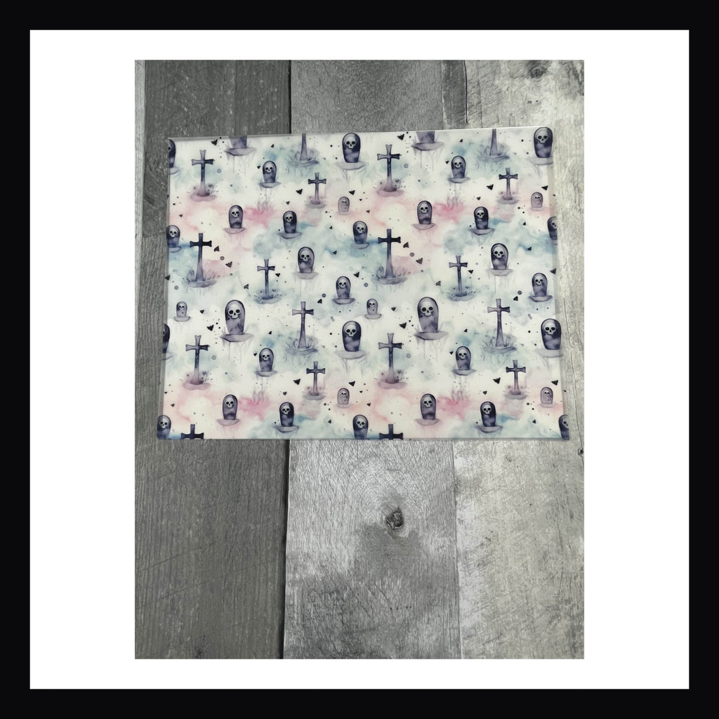 8x10 inch printed vellum, graveyard print, blue, black and pink, headstone, tombstone, gothic vellum, halloween vellum, spooky vellum