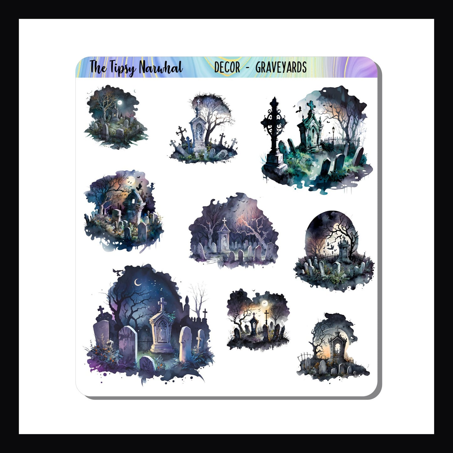 Graveyard Stickers, graveyard scenes, tombstones, cemeteries, full moons, headstones, mausoleums, headstones, dead trees, fog, bats, eerie stickers, spooky stickers 