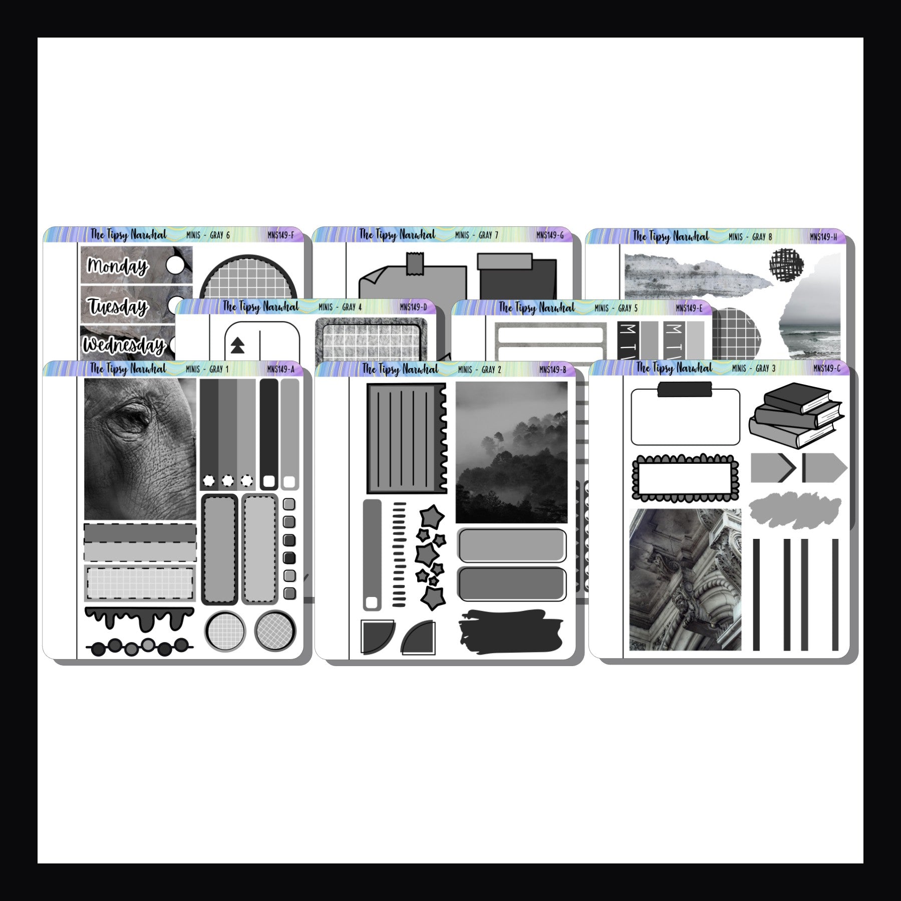 Gray Freestyle Minis is a collection of 8 quarter sheet sized sticker pages focusing on the color gray. 